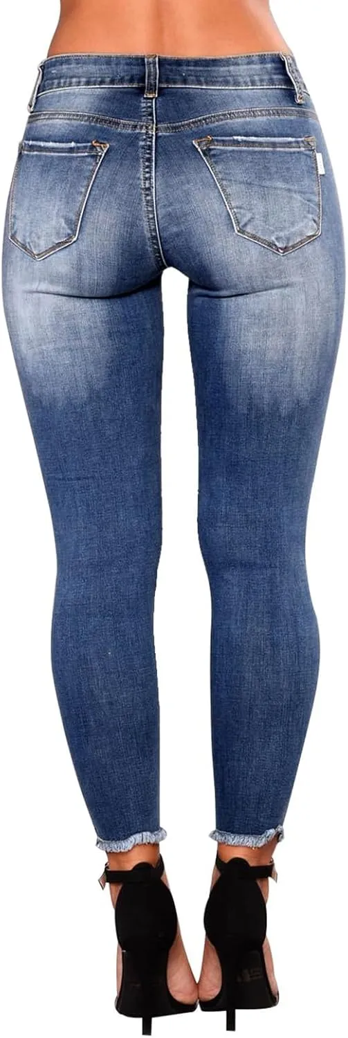 Womens Skinny Jeans High Waisted Raw Hem Ripped Jeans Stretchy Denim Pants Crop Distressed Jean Joggers with Pockets