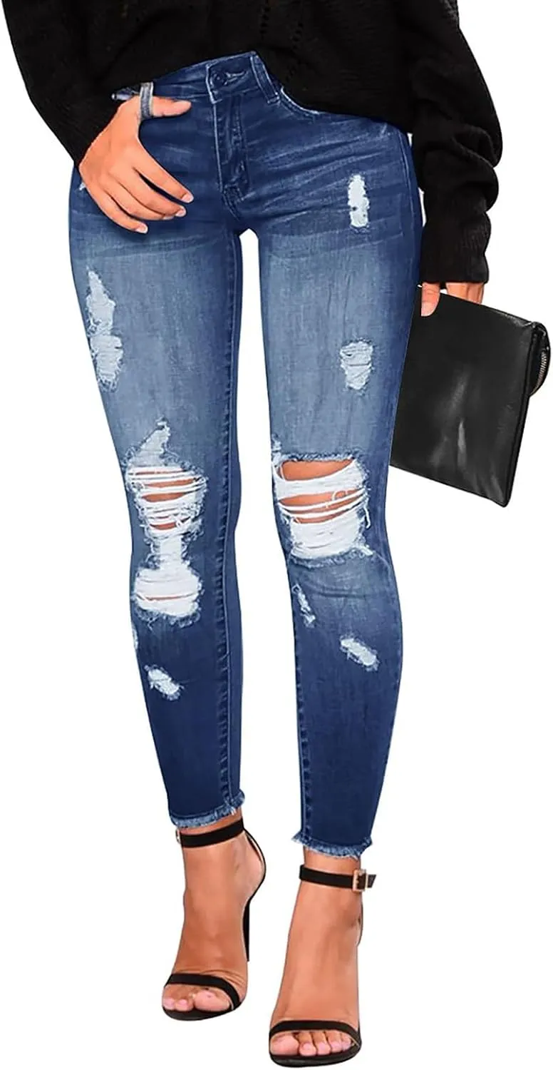 Womens Skinny Jeans High Waisted Raw Hem Ripped Jeans Stretchy Denim Pants Crop Distressed Jean Joggers with Pockets