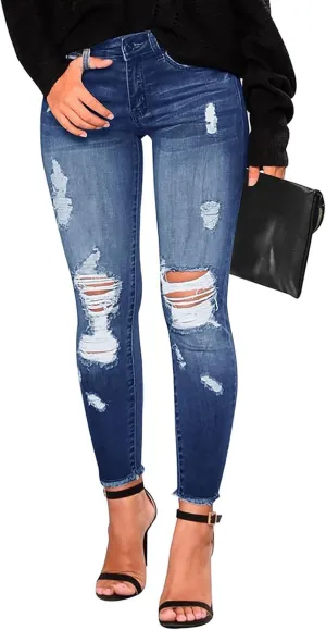 Womens Skinny Jeans High Waisted Raw Hem Ripped Jeans Stretchy Denim Pants Crop Distressed Jean Joggers with Pockets