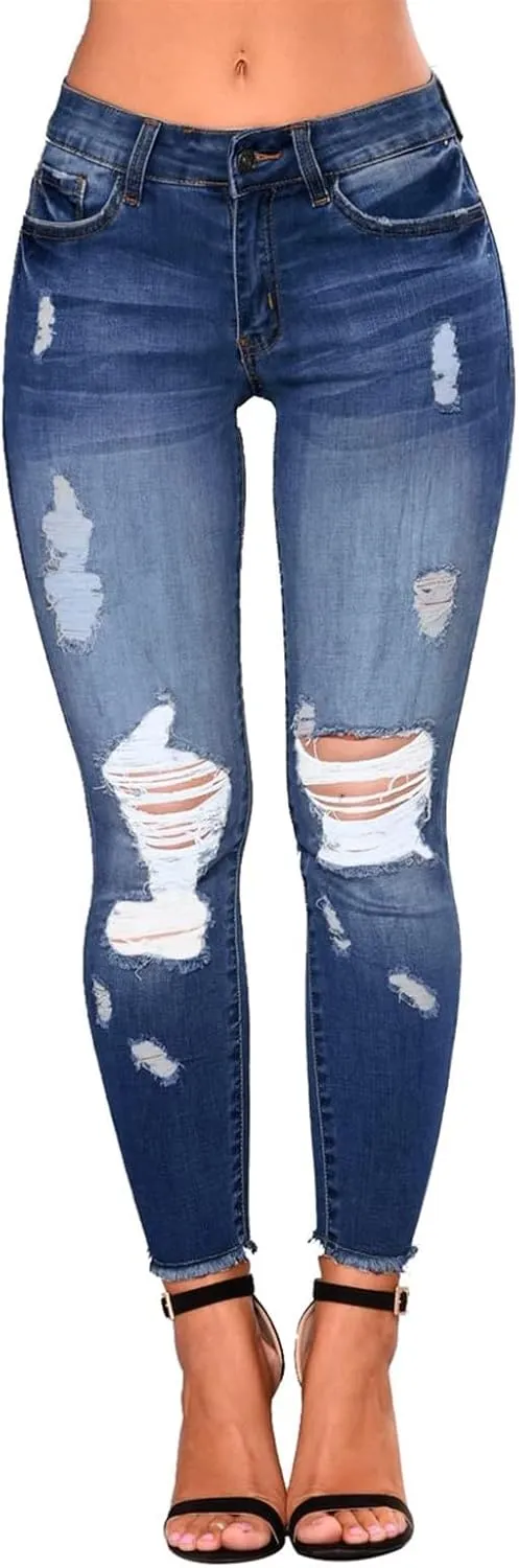 Womens Skinny Jeans High Waisted Raw Hem Ripped Jeans Stretchy Denim Pants Crop Distressed Jean Joggers with Pockets