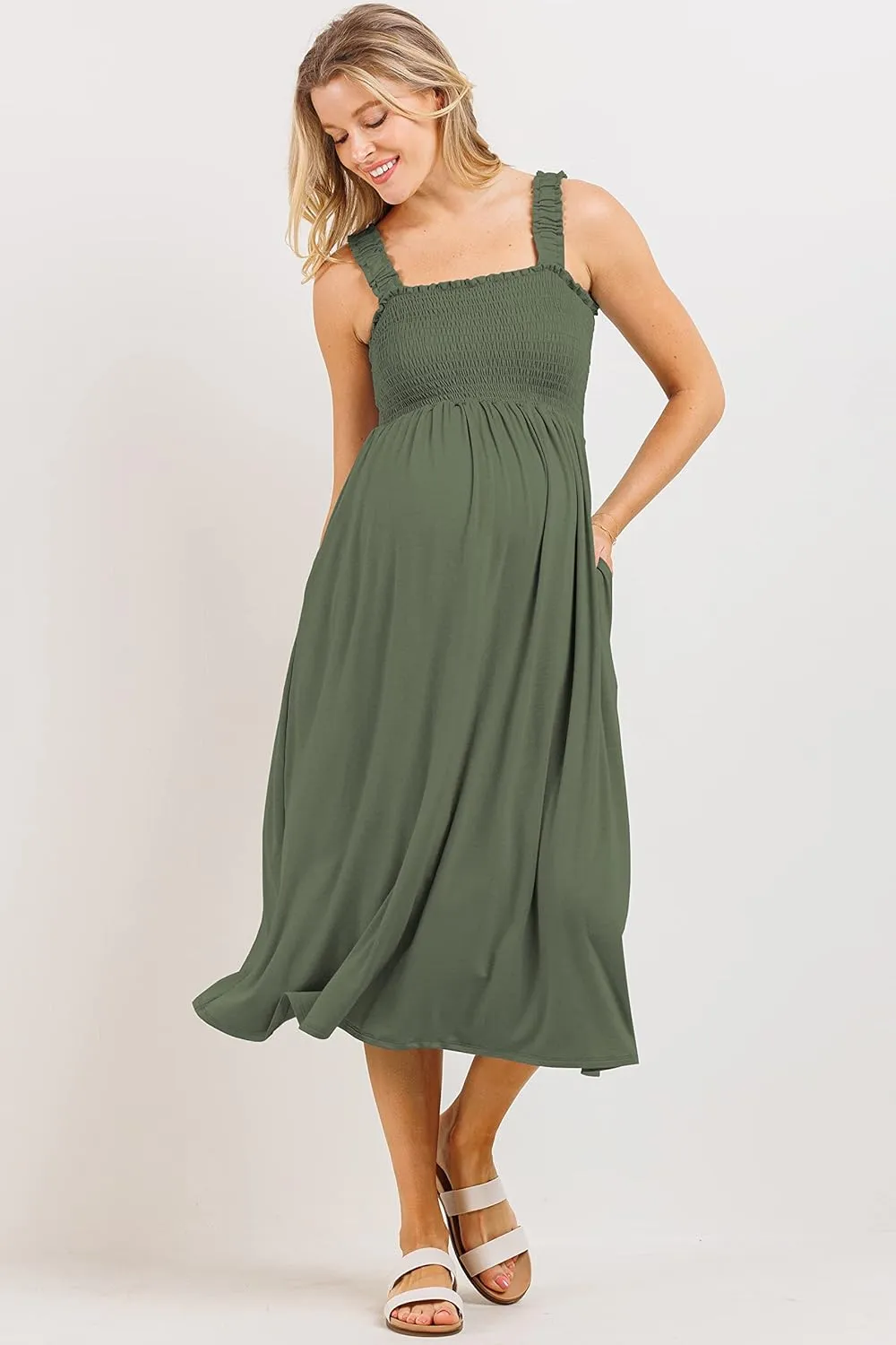 Women's Smocked Midi Maternity Dress with Pockets