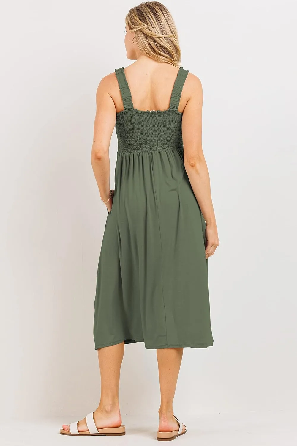 Women's Smocked Midi Maternity Dress with Pockets