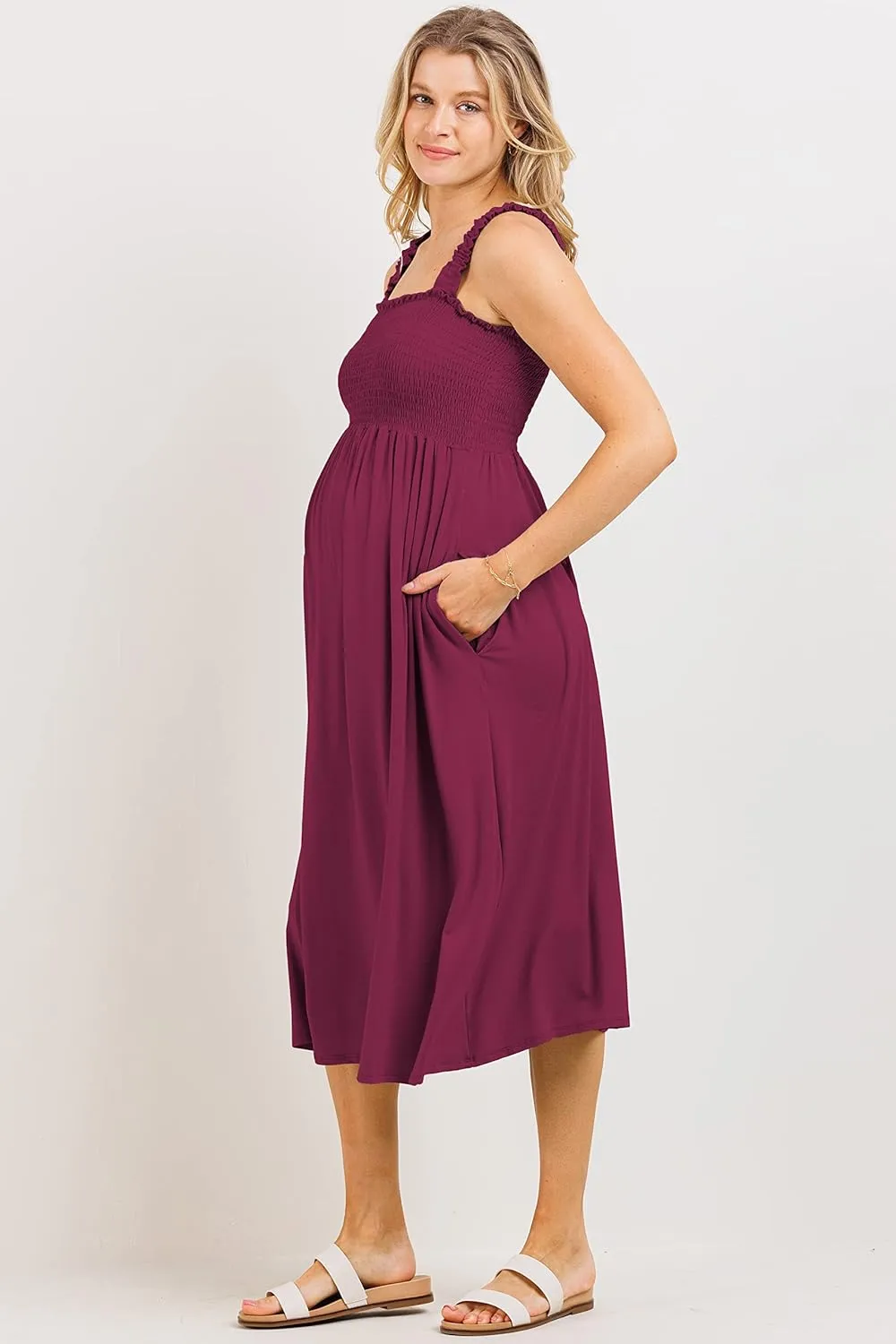 Women's Smocked Midi Maternity Dress with Pockets