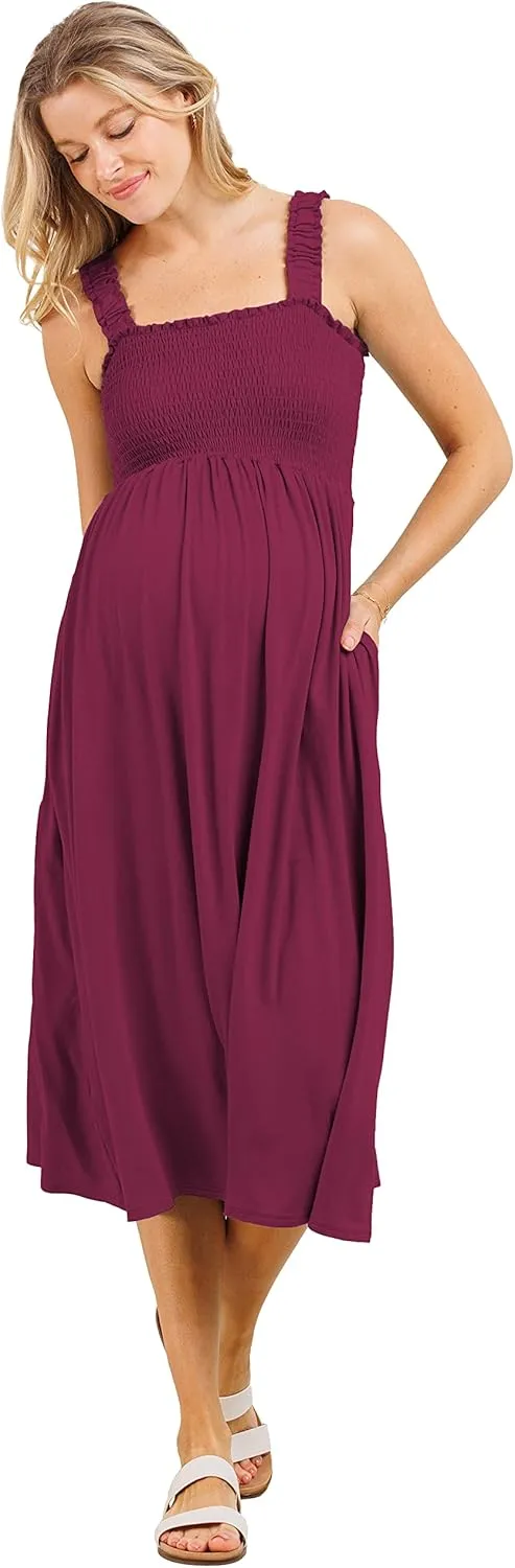 Women's Smocked Midi Maternity Dress with Pockets