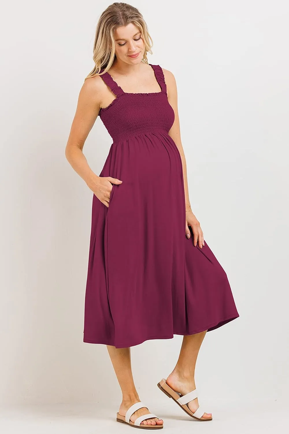 Women's Smocked Midi Maternity Dress with Pockets