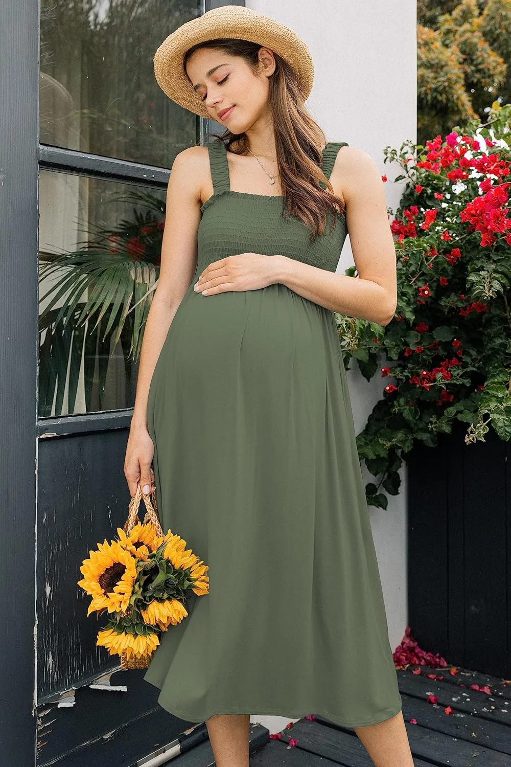 Women's Smocked Midi Maternity Dress with Pockets