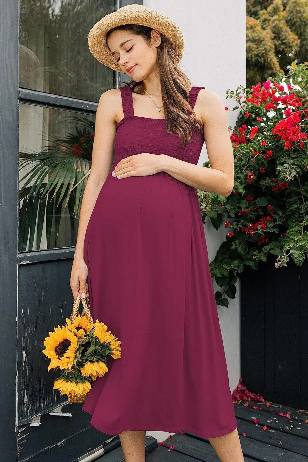 Women's Smocked Midi Maternity Dress with Pockets