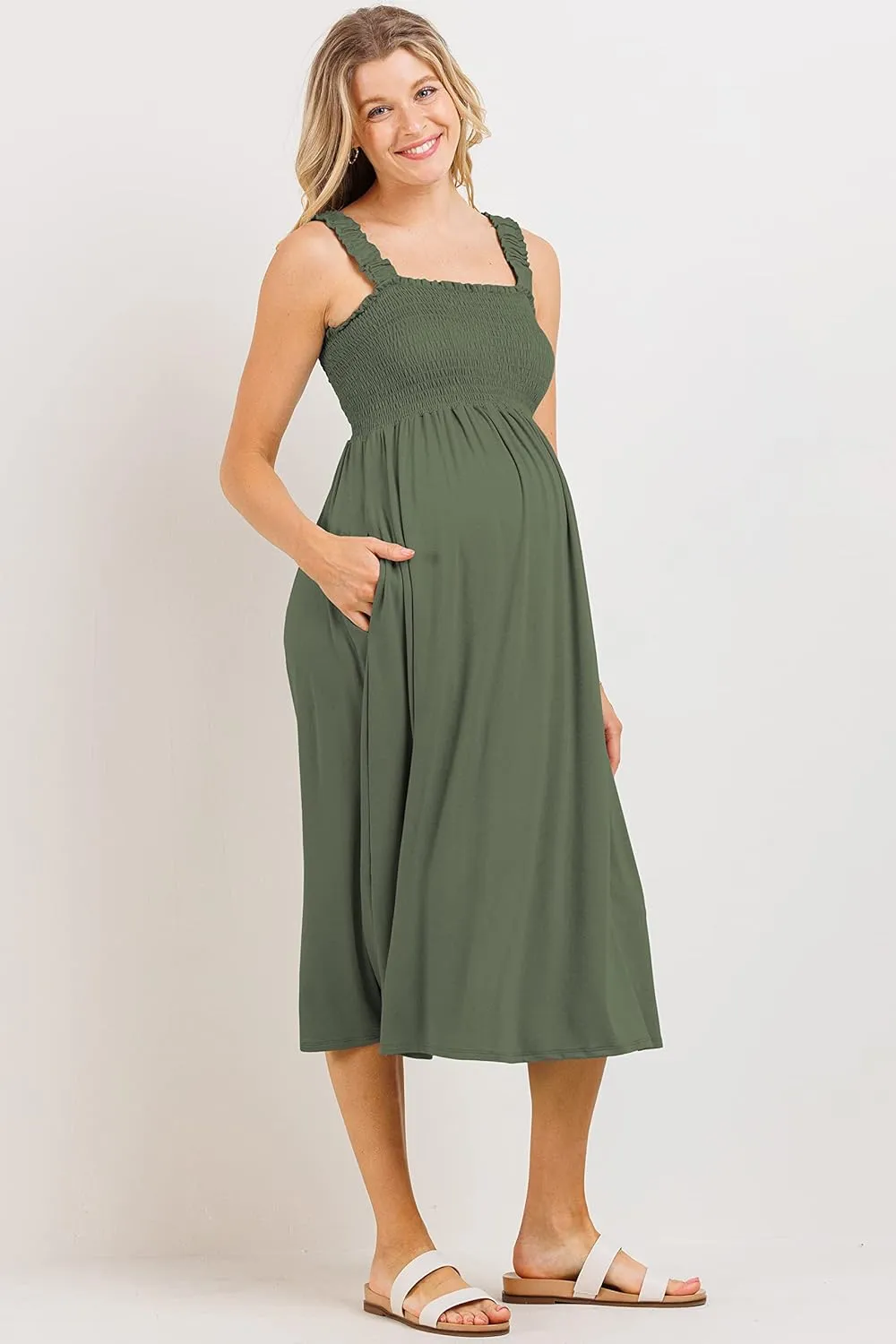 Women's Smocked Midi Maternity Dress with Pockets