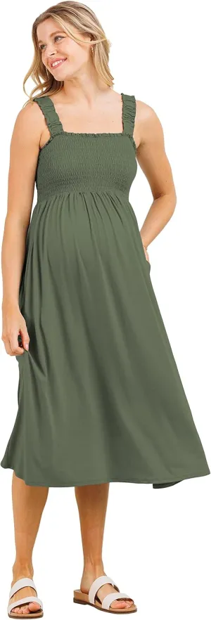 Women's Smocked Midi Maternity Dress with Pockets