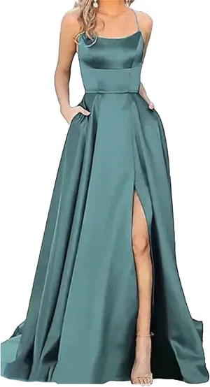 Women's Spaghetti Strap Solid Wedding Maxi Dress Elegant Split Hem Swing Dress Sleeveless Ruched Formal Dresses