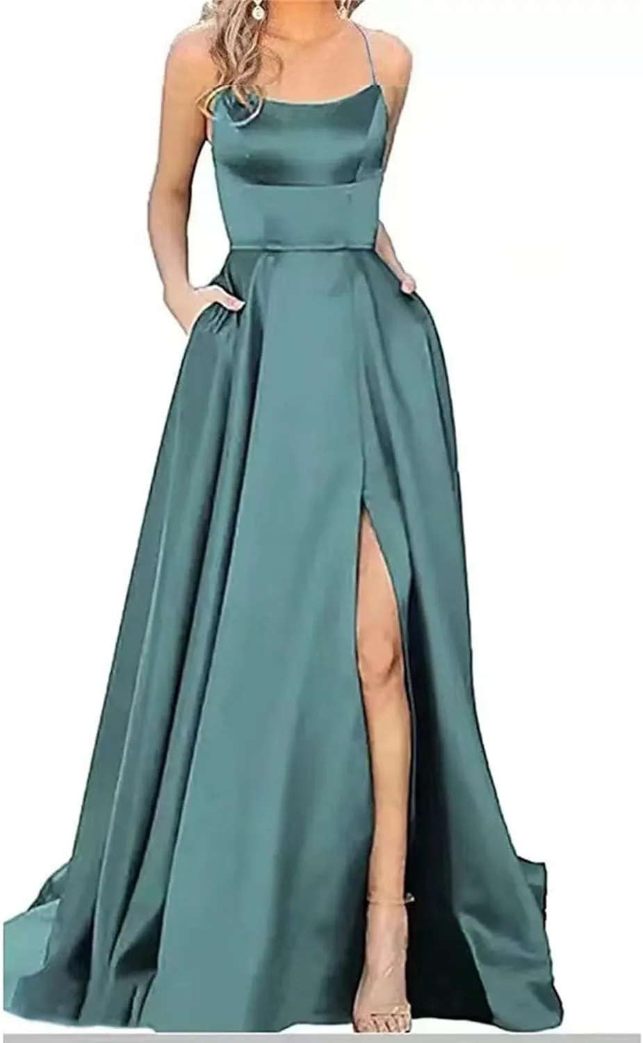 Women's Spaghetti Strap Solid Wedding Maxi Dress Elegant Split Hem Swing Dress Sleeveless Ruched Formal Dresses