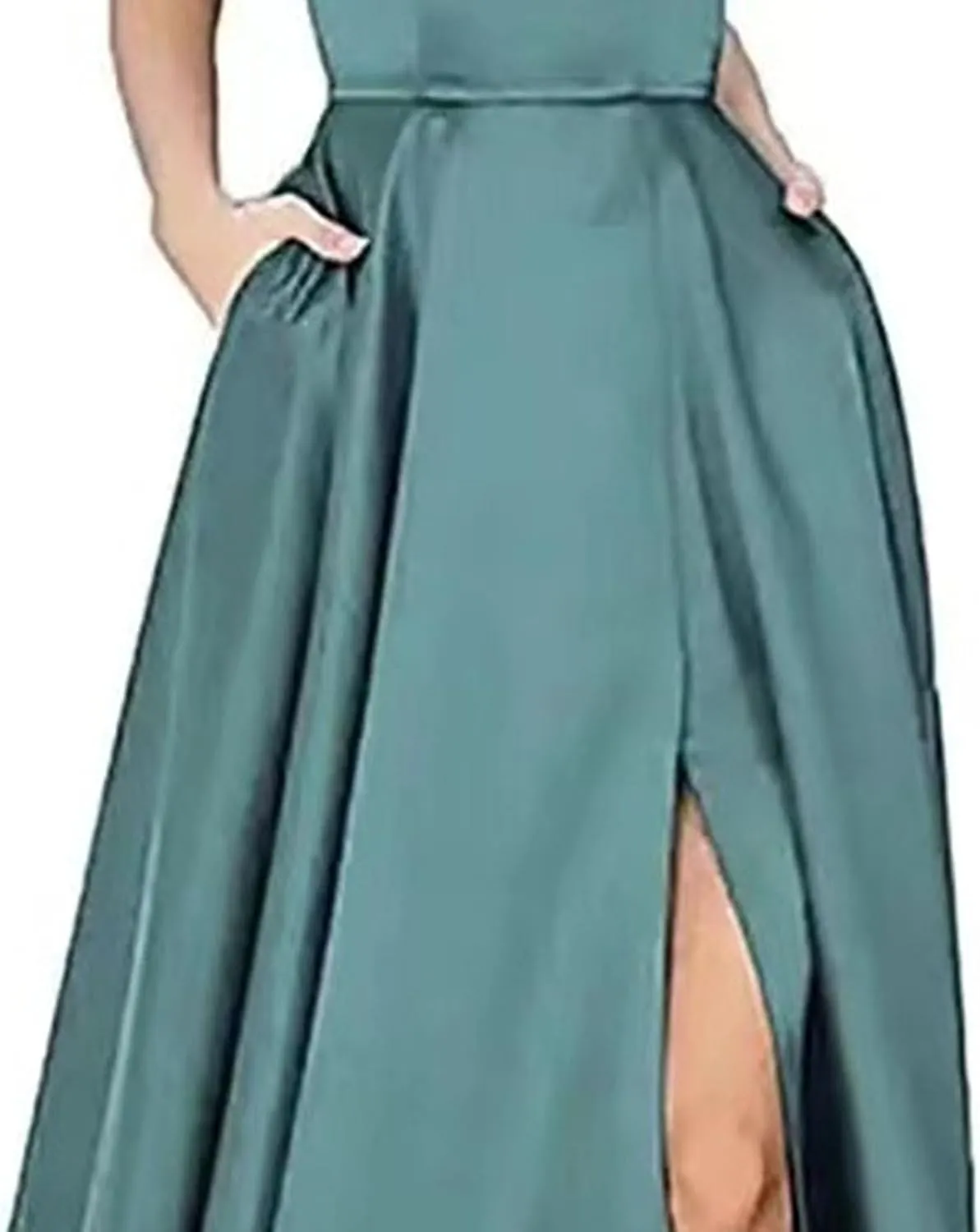Women's Spaghetti Strap Solid Wedding Maxi Dress Elegant Split Hem Swing Dress Sleeveless Ruched Formal Dresses