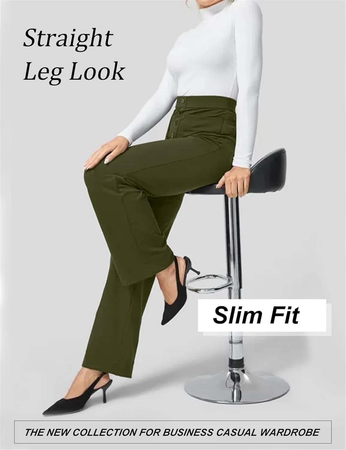 Women's Straight Leg Pants High Waisted Button Stretchy Business Work Casual Trousers with Pockets