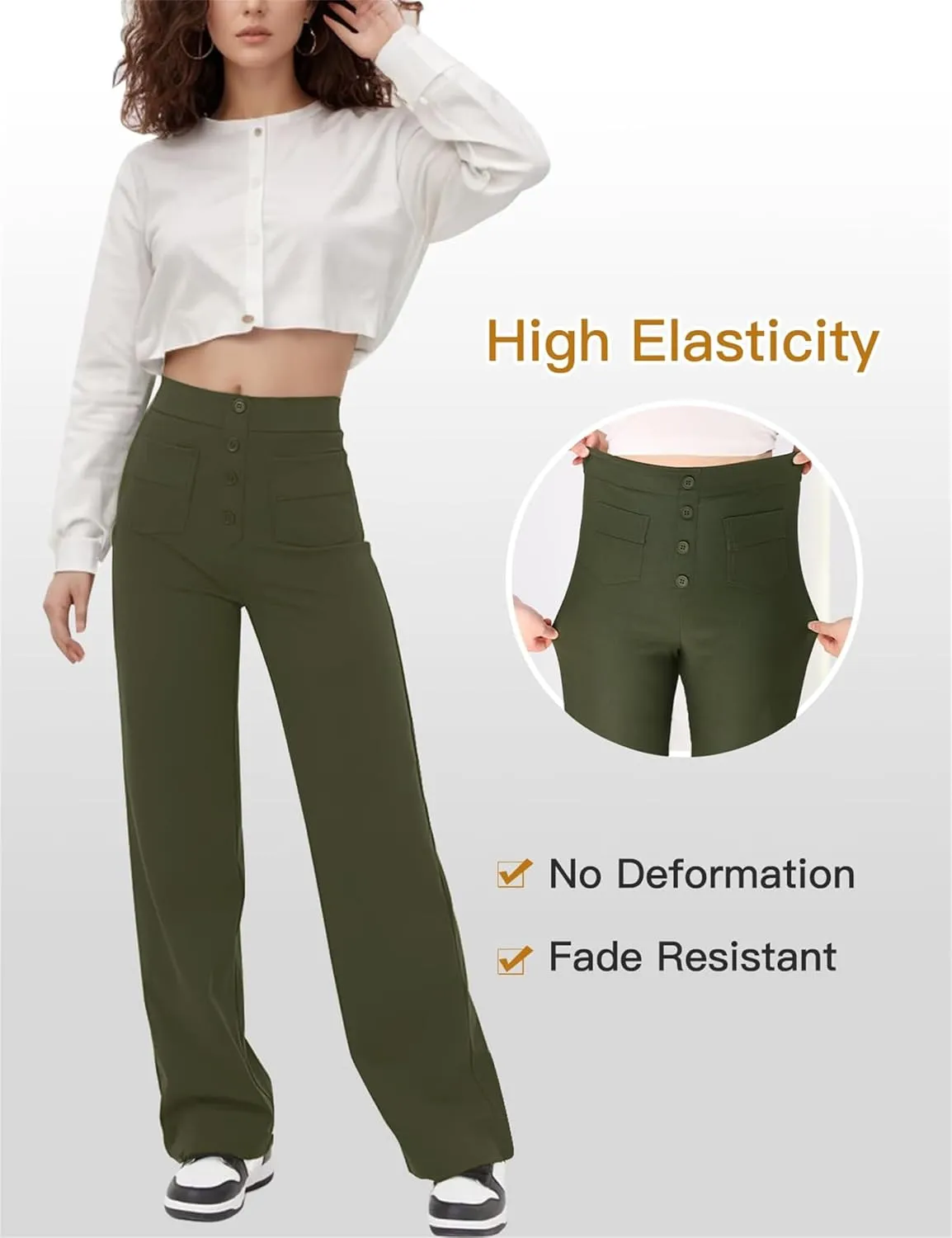 Women's Straight Leg Pants High Waisted Button Stretchy Business Work Casual Trousers with Pockets