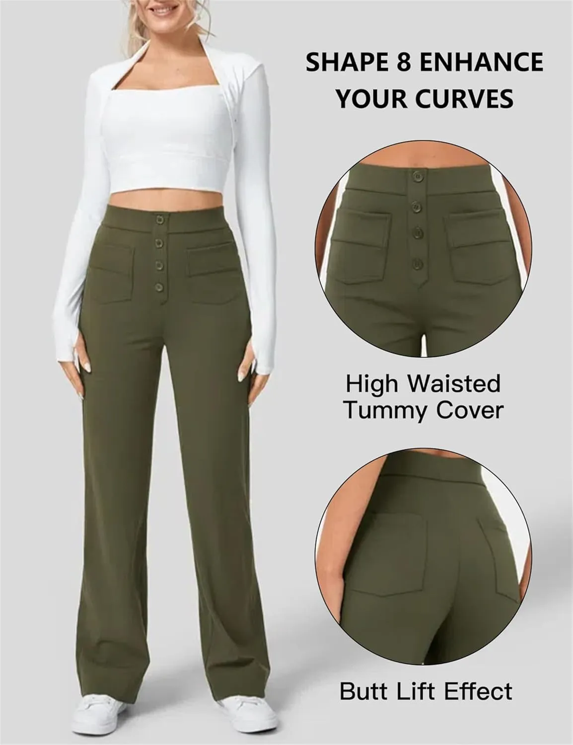 Women's Straight Leg Pants High Waisted Button Stretchy Business Work Casual Trousers with Pockets
