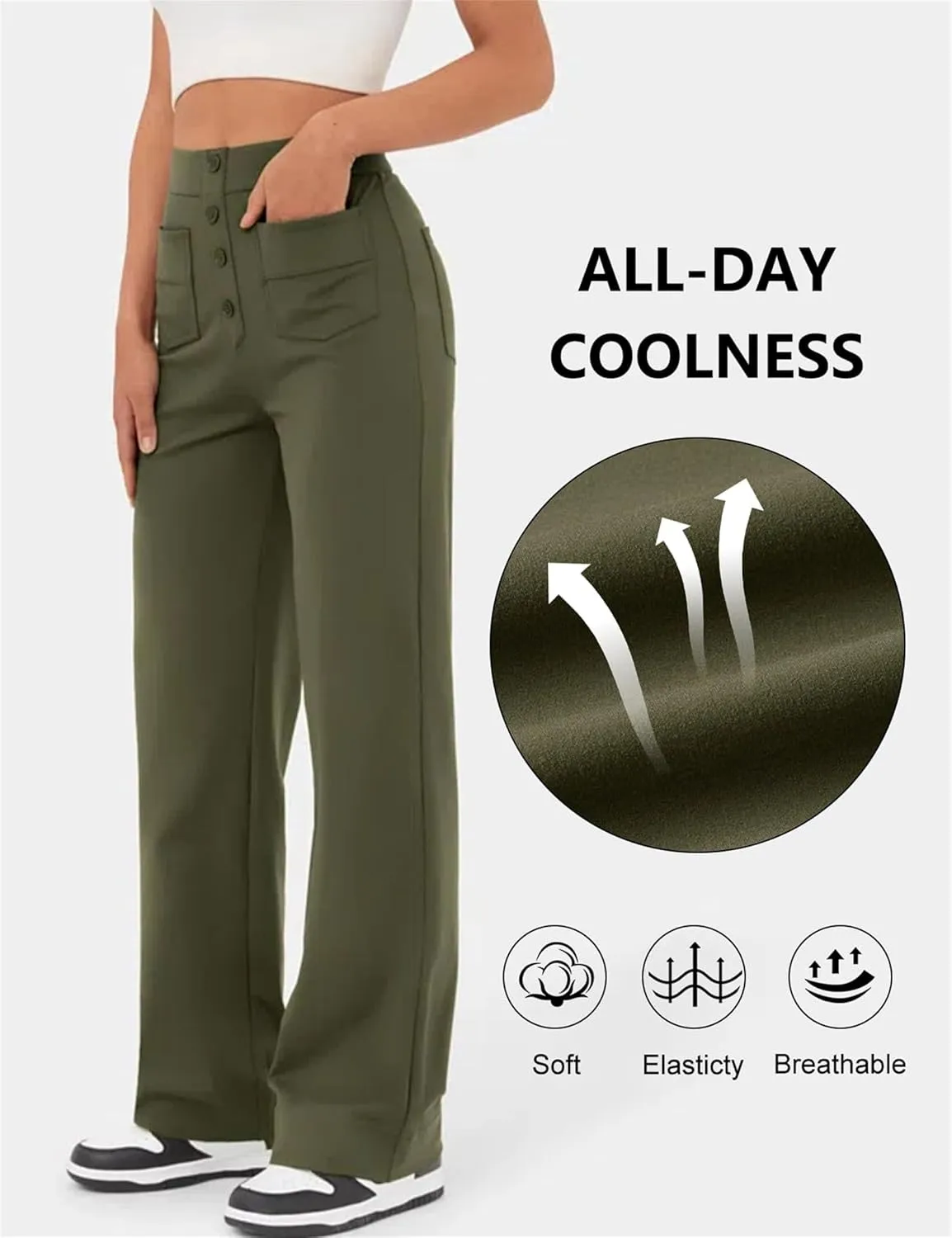 Women's Straight Leg Pants High Waisted Button Stretchy Business Work Casual Trousers with Pockets