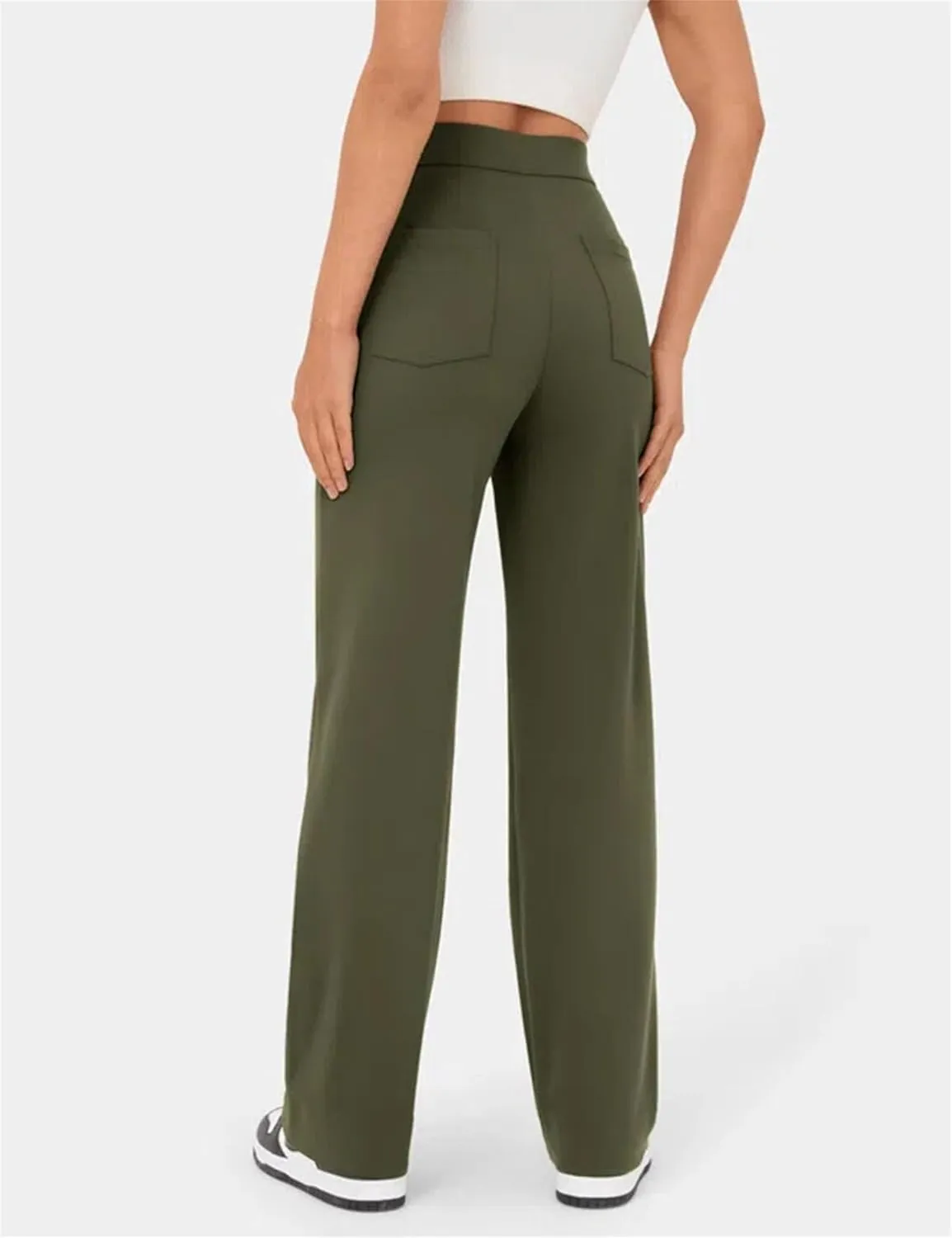 Women's Straight Leg Pants High Waisted Button Stretchy Business Work Casual Trousers with Pockets