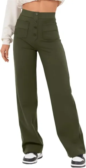 Women's Straight Leg Pants High Waisted Button Stretchy Business Work Casual Trousers with Pockets