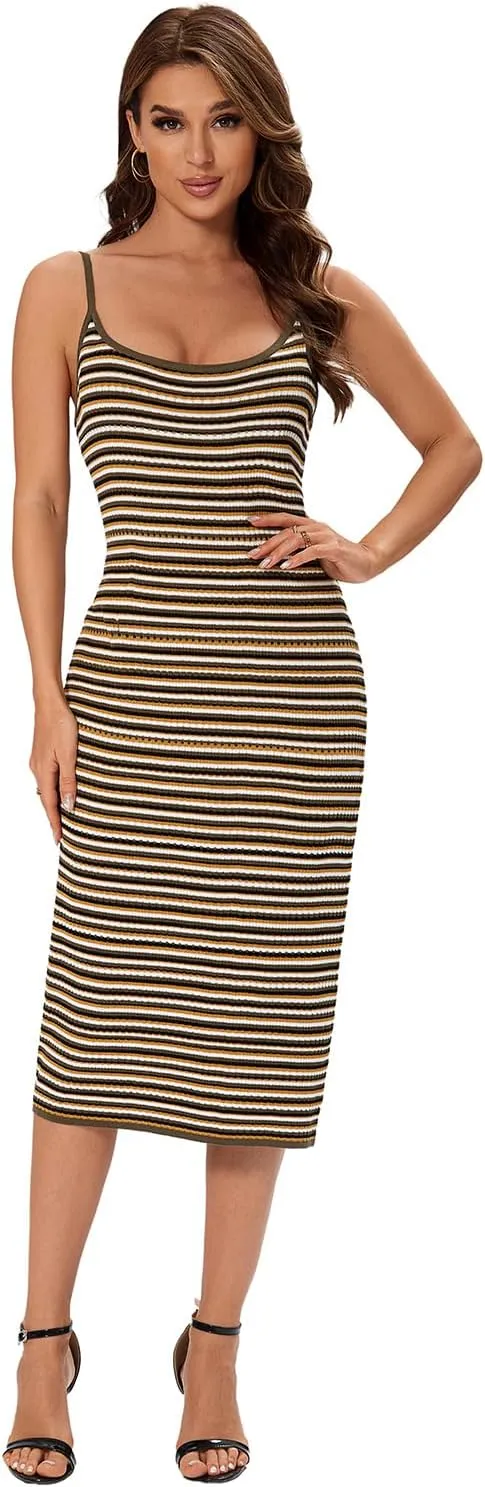 Women's Striped Ribbed Knit Midi Dress, Sleeveless Bodycon Summer Dress, Casual Tank Dress Knee Length