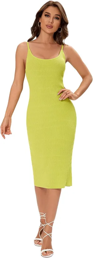 Women's Striped Ribbed Knit Midi Dress, Sleeveless Bodycon Summer Dress, Casual Tank Dress Knee Length
