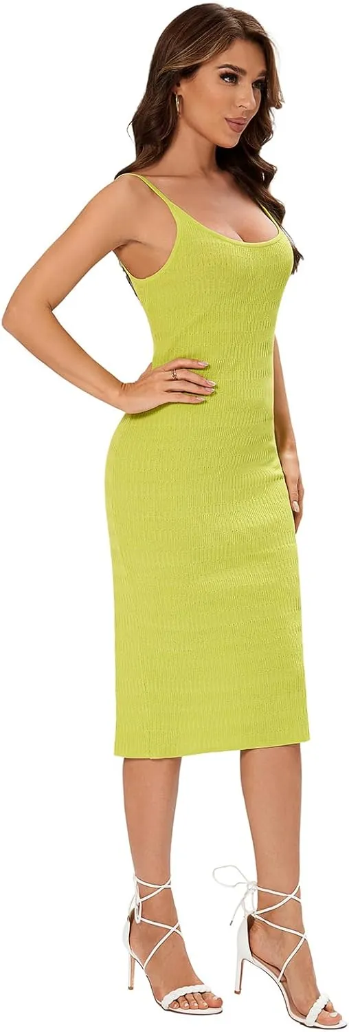 Women's Striped Ribbed Knit Midi Dress, Sleeveless Bodycon Summer Dress, Casual Tank Dress Knee Length