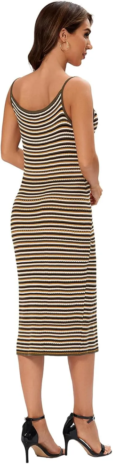 Women's Striped Ribbed Knit Midi Dress, Sleeveless Bodycon Summer Dress, Casual Tank Dress Knee Length