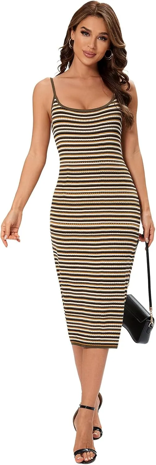 Women's Striped Ribbed Knit Midi Dress, Sleeveless Bodycon Summer Dress, Casual Tank Dress Knee Length