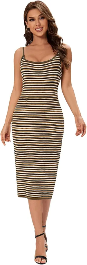 Women's Striped Ribbed Knit Midi Dress, Sleeveless Bodycon Summer Dress, Casual Tank Dress Knee Length