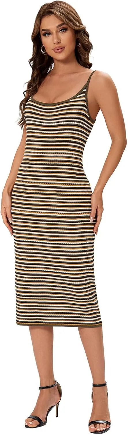 Women's Striped Ribbed Knit Midi Dress, Sleeveless Bodycon Summer Dress, Casual Tank Dress Knee Length