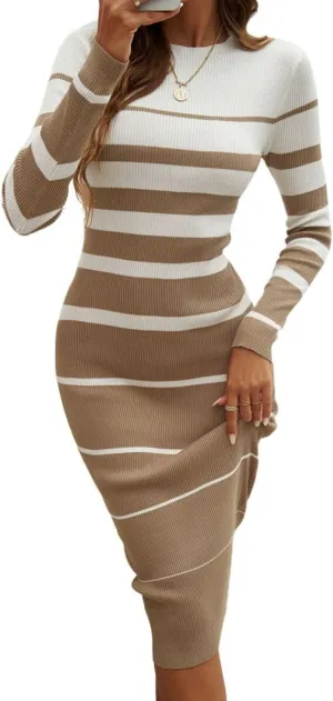 Women's Striped Sweater Midi Dress Long Sleeve Crew Neck Ribbed Knit Bodycon Slim Party Sweater Pullover Dress