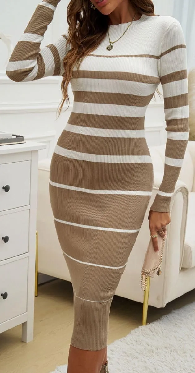Women's Striped Sweater Midi Dress Long Sleeve Crew Neck Ribbed Knit Bodycon Slim Party Sweater Pullover Dress