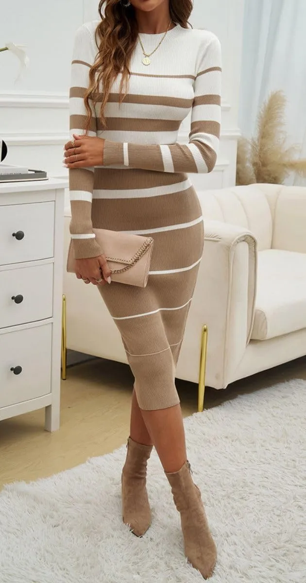 Women's Striped Sweater Midi Dress Long Sleeve Crew Neck Ribbed Knit Bodycon Slim Party Sweater Pullover Dress