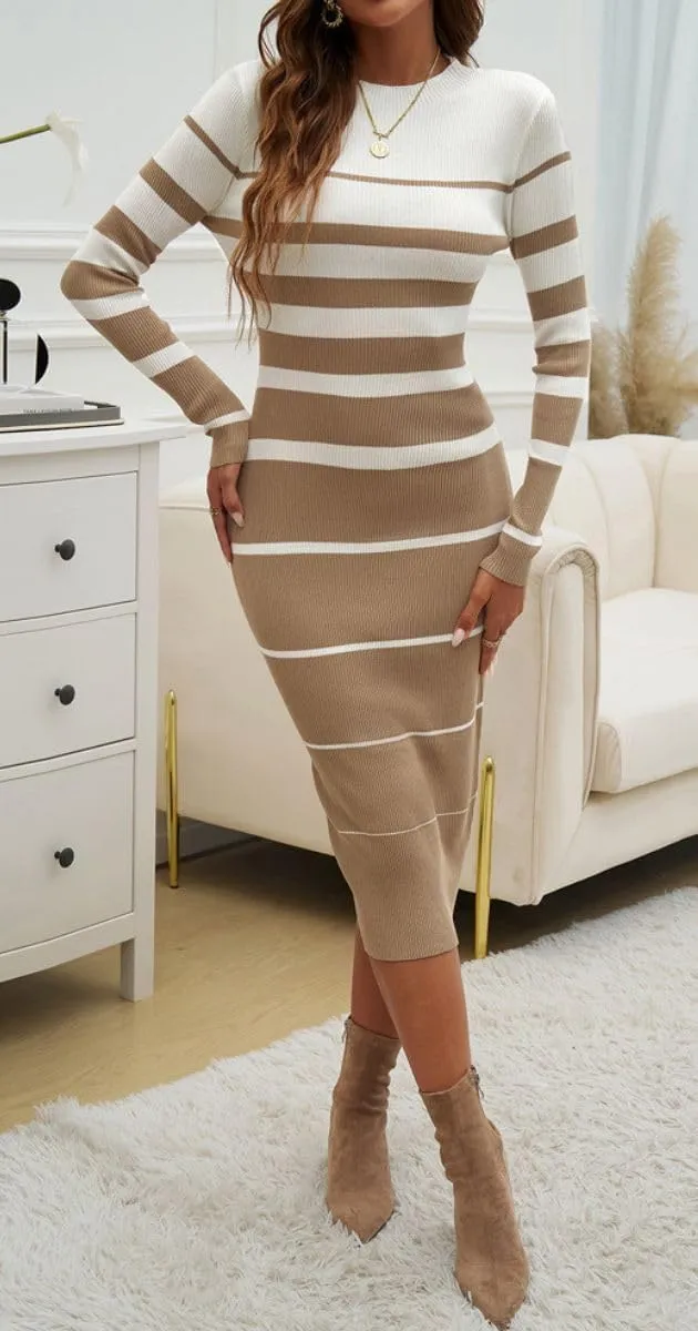 Women's Striped Sweater Midi Dress Long Sleeve Crew Neck Ribbed Knit Bodycon Slim Party Sweater Pullover Dress