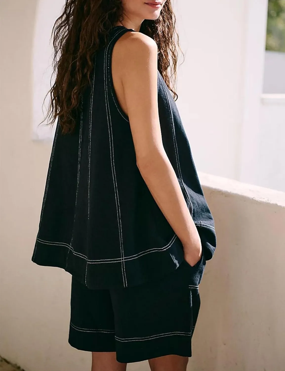 Womens Summer 2 Piece Outfits Shorts Sets Sleeveless Tank Tops Elastic Waist Shorts Lounge Set with Pockets