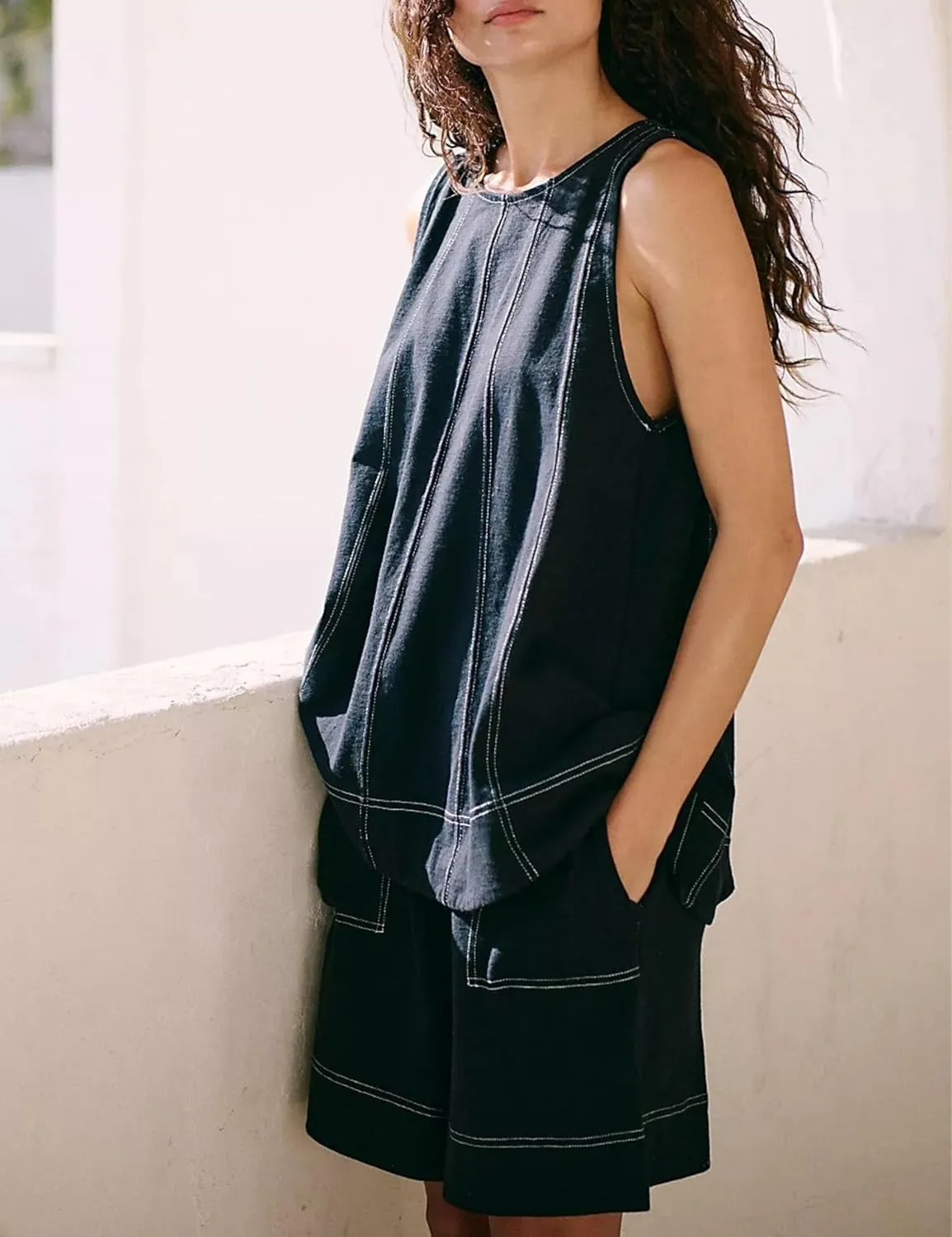 Womens Summer 2 Piece Outfits Shorts Sets Sleeveless Tank Tops Elastic Waist Shorts Lounge Set with Pockets