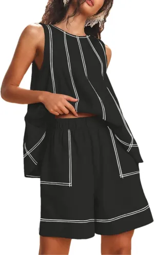 Womens Summer 2 Piece Outfits Shorts Sets Sleeveless Tank Tops Elastic Waist Shorts Lounge Set with Pockets