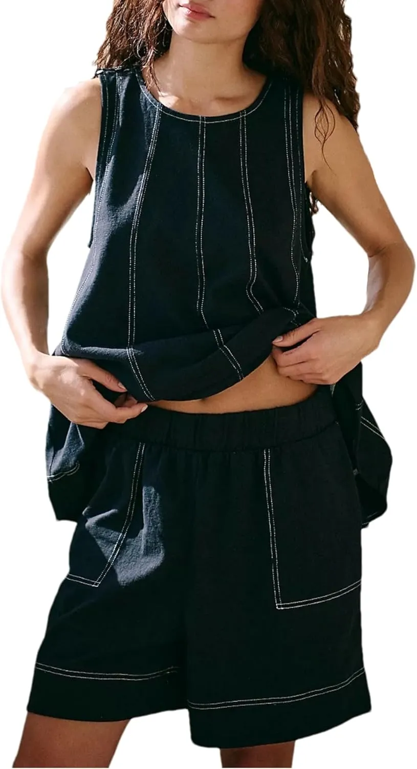 Womens Summer 2 Piece Outfits Shorts Sets Sleeveless Tank Tops Elastic Waist Shorts Lounge Set with Pockets