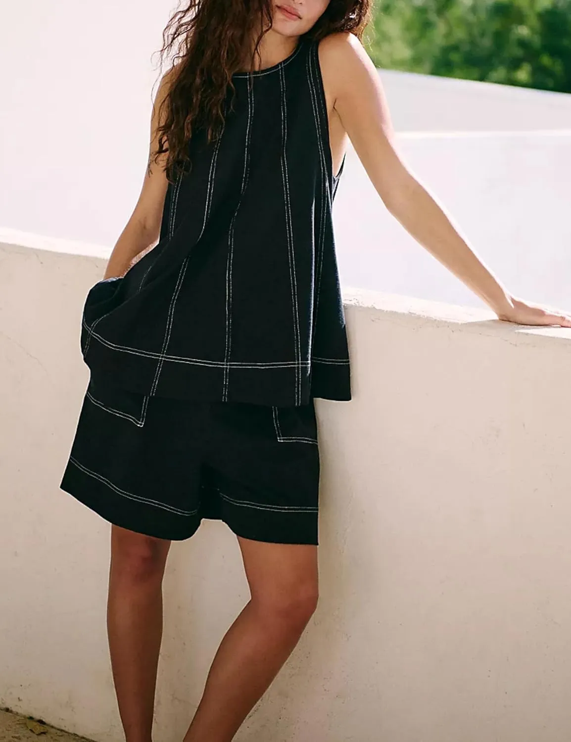 Womens Summer 2 Piece Outfits Shorts Sets Sleeveless Tank Tops Elastic Waist Shorts Lounge Set with Pockets