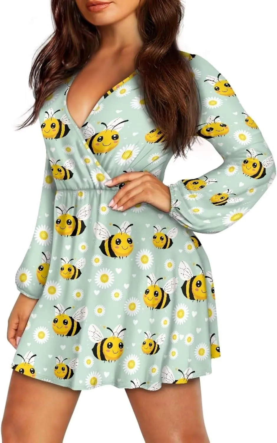 Women's Summer Long Sleeve Short Dresses Casual Dresses V-Neck Party Dress Elastic Waist Maxi Dress Sun Dress