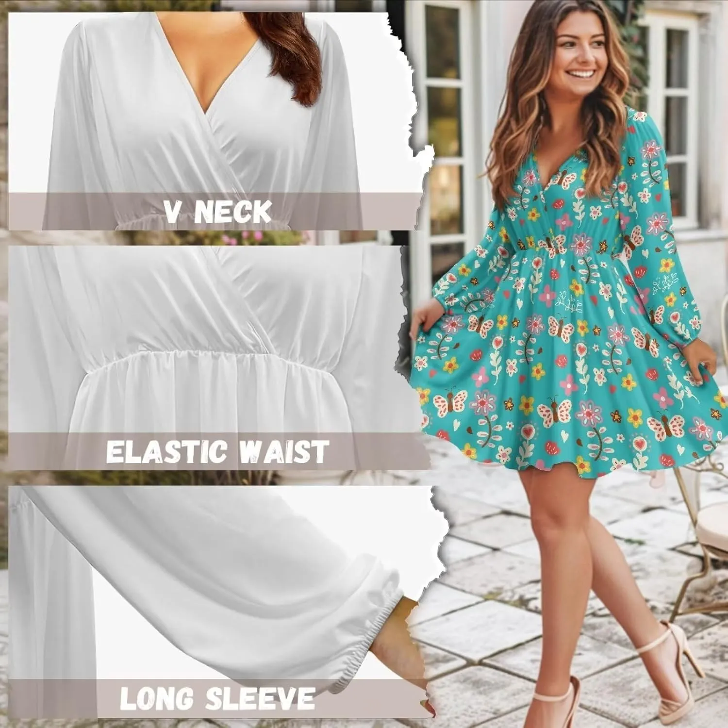Women's Summer Long Sleeve Short Dresses Casual Dresses V-Neck Party Dress Elastic Waist Maxi Dress Sun Dress