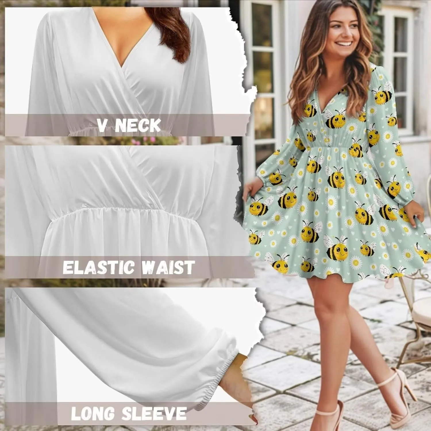 Women's Summer Long Sleeve Short Dresses Casual Dresses V-Neck Party Dress Elastic Waist Maxi Dress Sun Dress