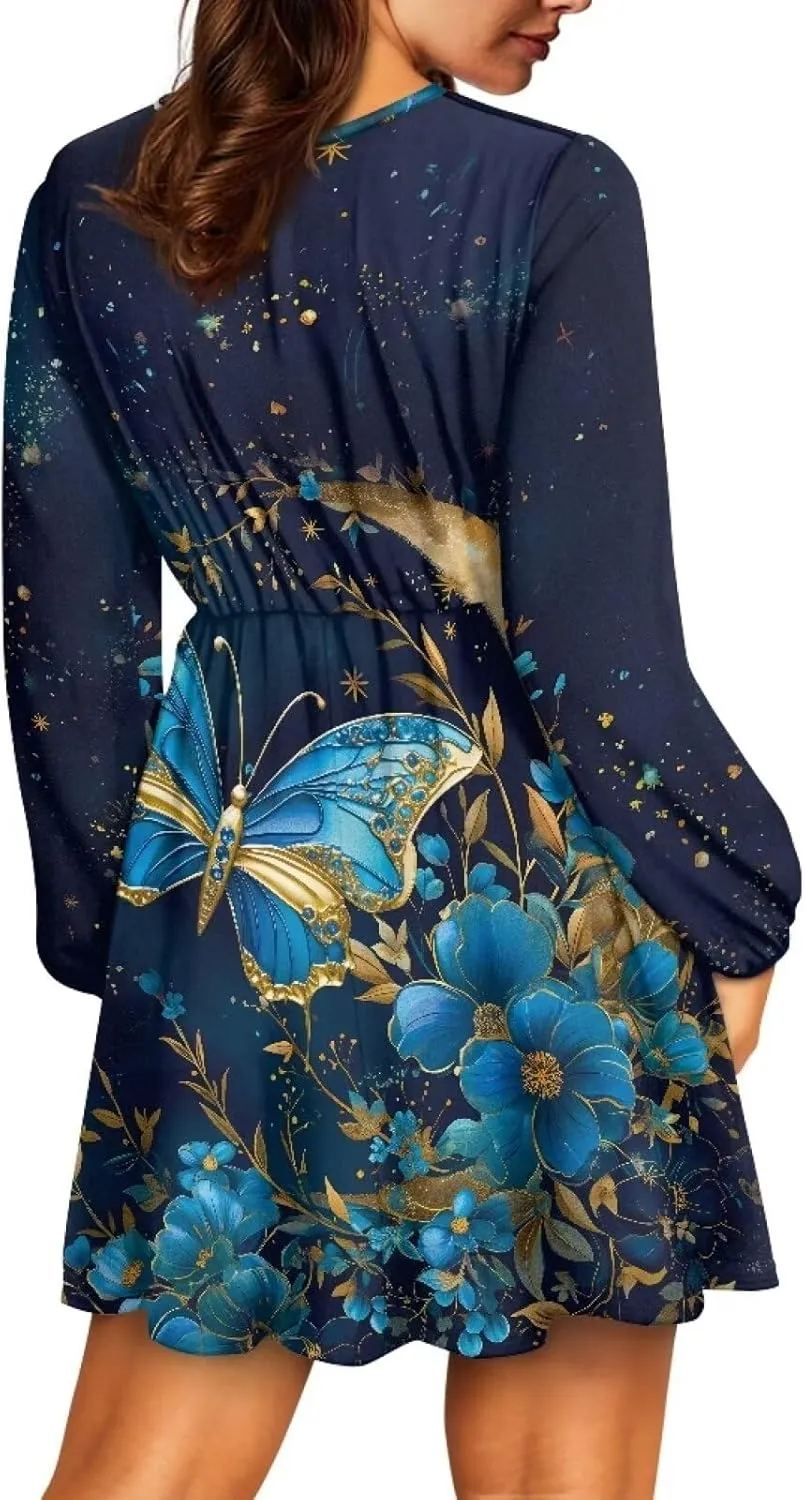 Women's Summer Long Sleeve Short Dresses Casual Dresses V-Neck Party Dress Elastic Waist Maxi Dress Sun Dress