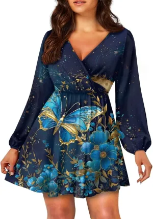 Women's Summer Long Sleeve Short Dresses Casual Dresses V-Neck Party Dress Elastic Waist Maxi Dress Sun Dress
