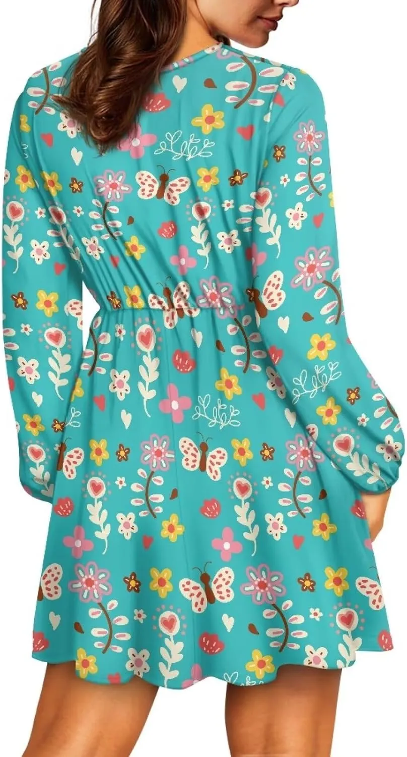 Women's Summer Long Sleeve Short Dresses Casual Dresses V-Neck Party Dress Elastic Waist Maxi Dress Sun Dress
