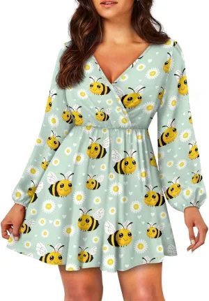 Women's Summer Long Sleeve Short Dresses Casual Dresses V-Neck Party Dress Elastic Waist Maxi Dress Sun Dress