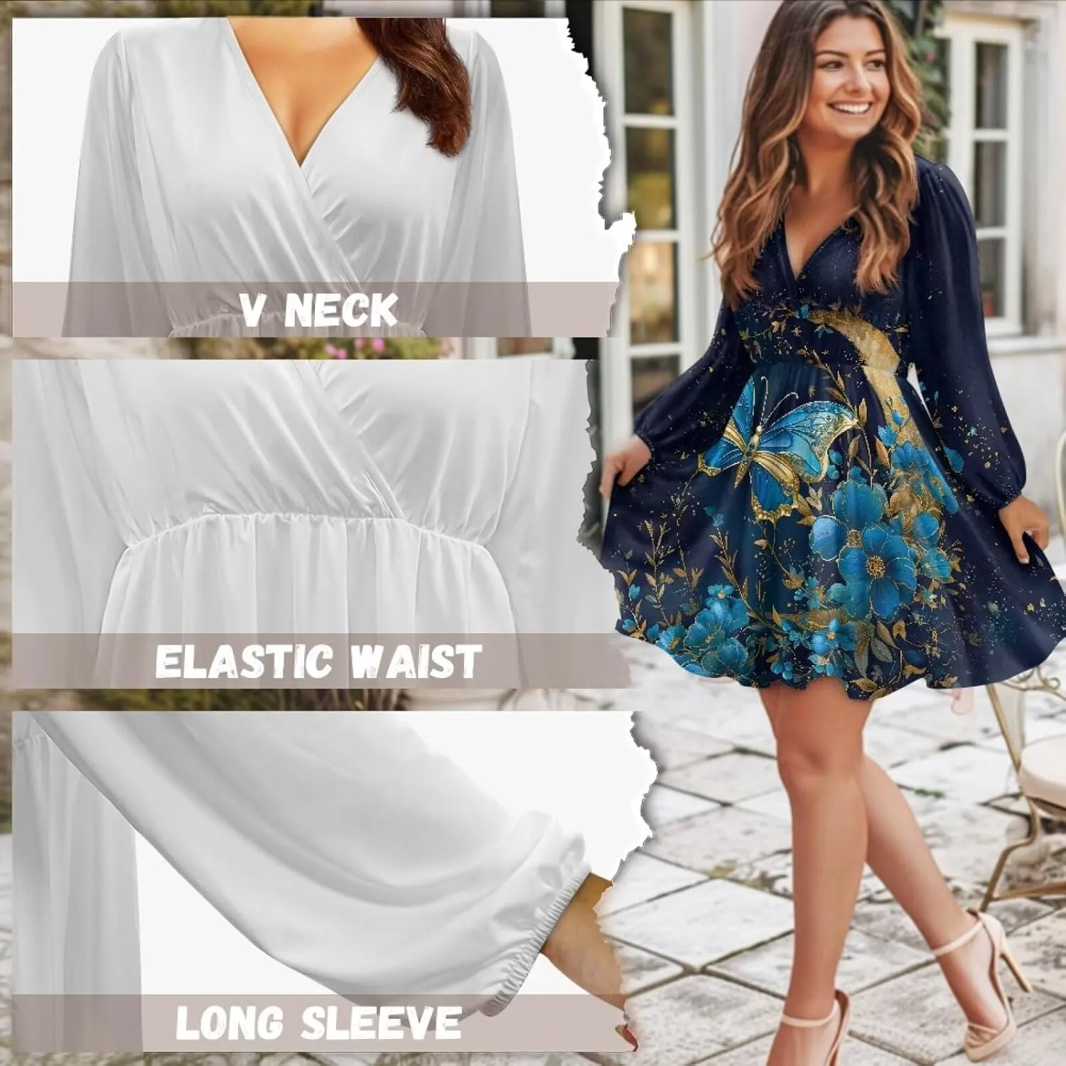 Women's Summer Long Sleeve Short Dresses Casual Dresses V-Neck Party Dress Elastic Waist Maxi Dress Sun Dress