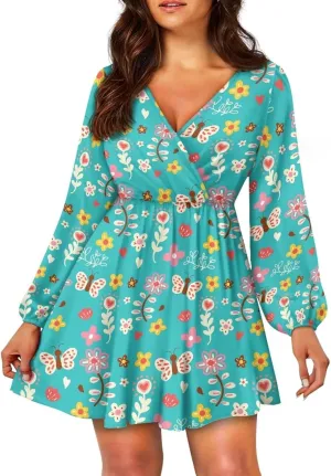 Women's Summer Long Sleeve Short Dresses Casual Dresses V-Neck Party Dress Elastic Waist Maxi Dress Sun Dress