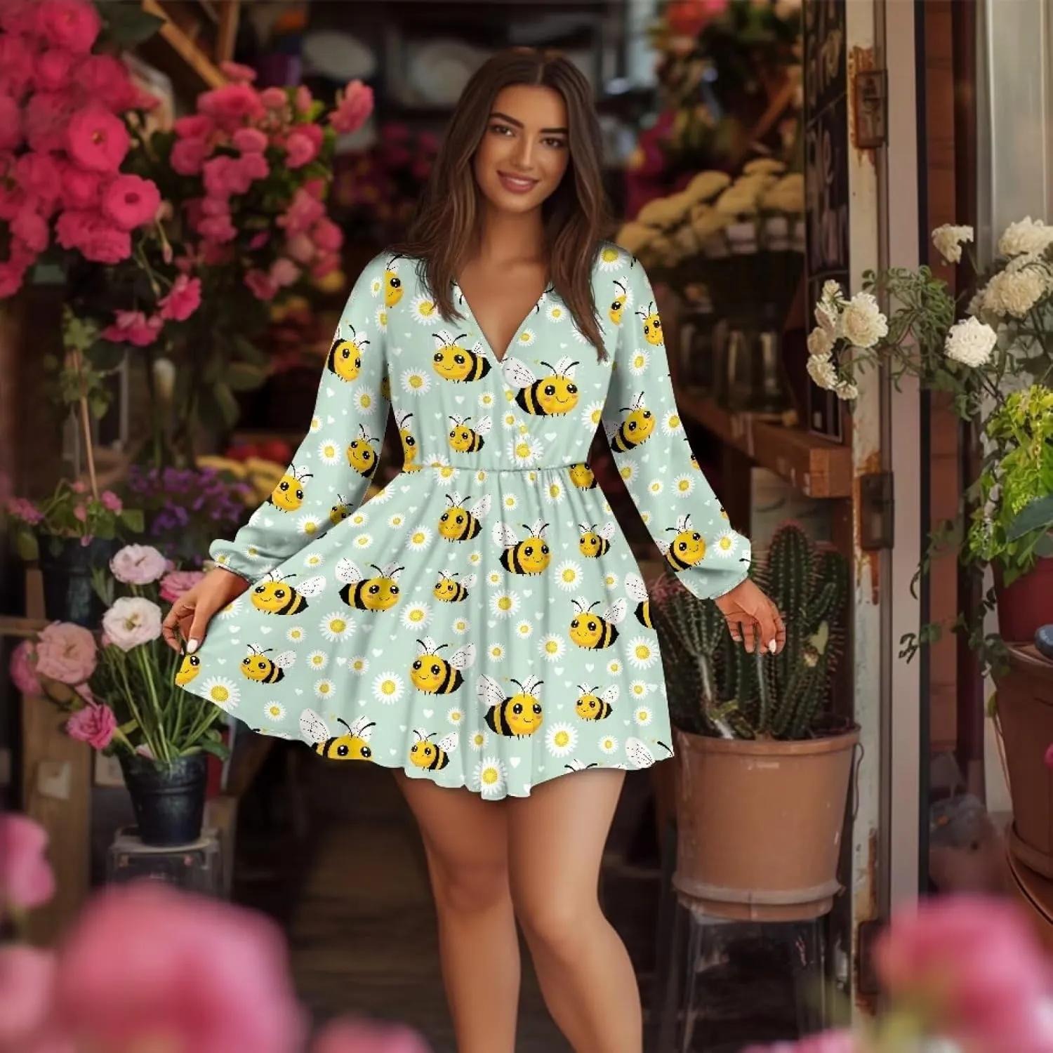 Women's Summer Long Sleeve Short Dresses Casual Dresses V-Neck Party Dress Elastic Waist Maxi Dress Sun Dress