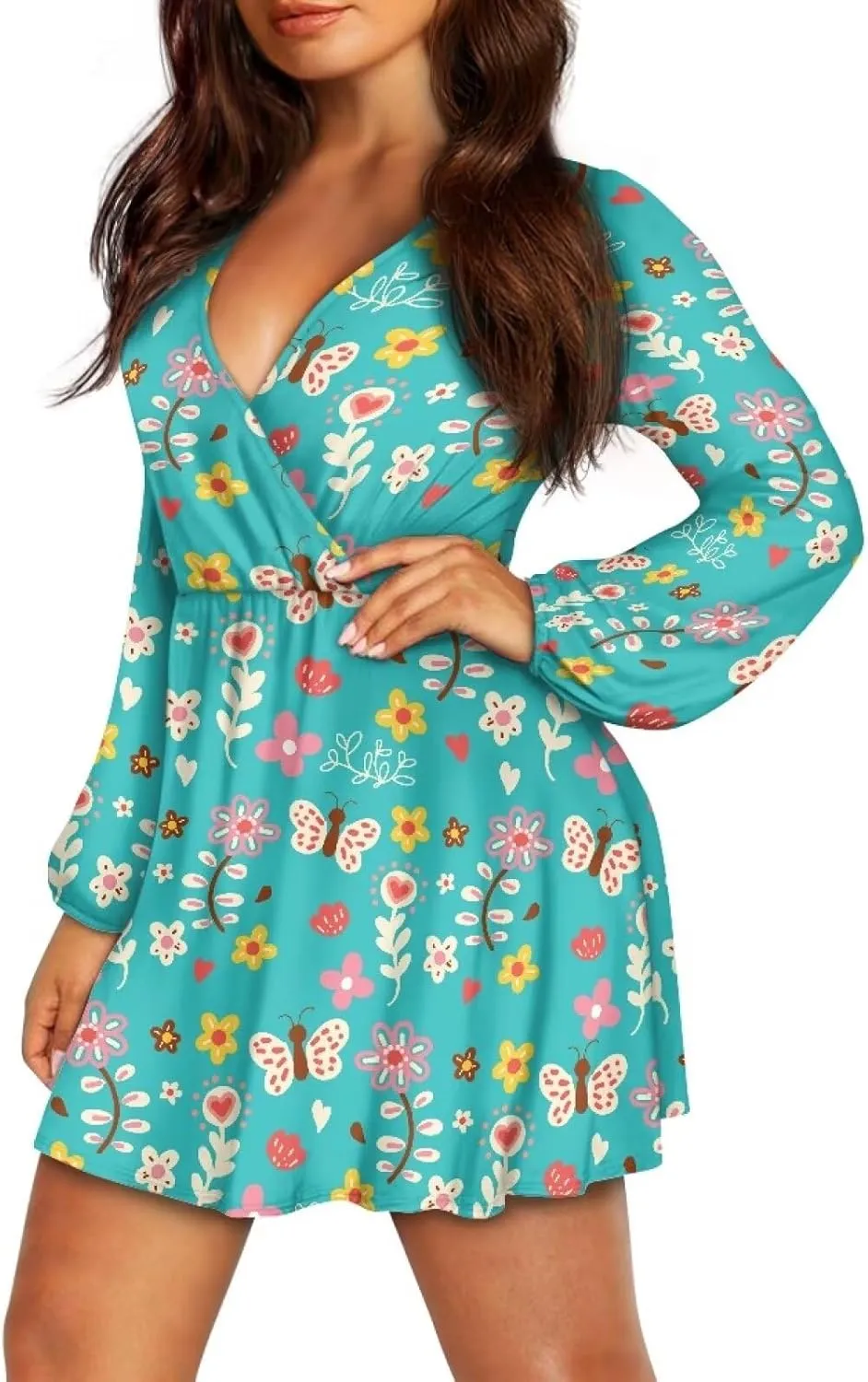 Women's Summer Long Sleeve Short Dresses Casual Dresses V-Neck Party Dress Elastic Waist Maxi Dress Sun Dress