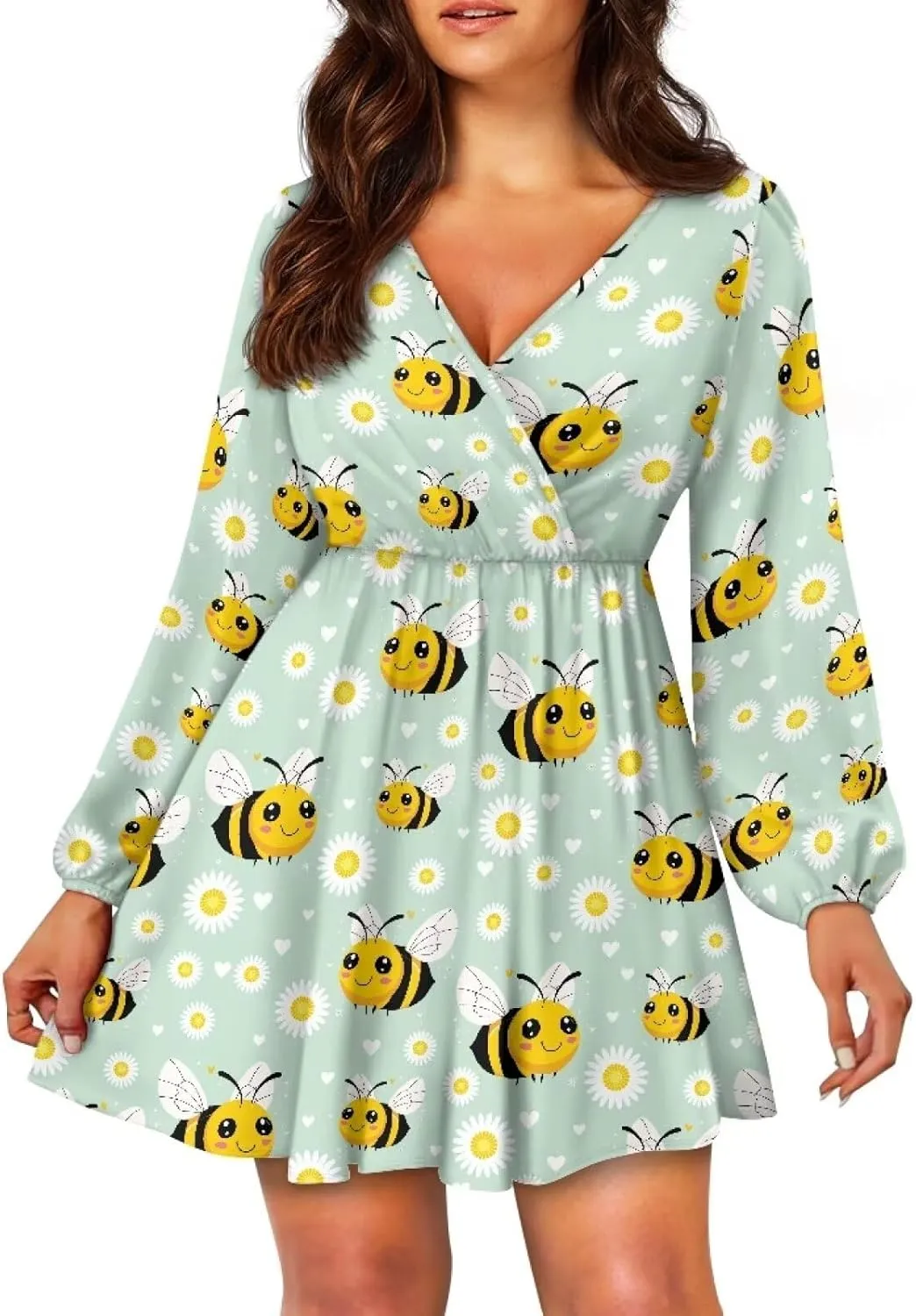 Women's Summer Long Sleeve Short Dresses Casual Dresses V-Neck Party Dress Elastic Waist Maxi Dress Sun Dress